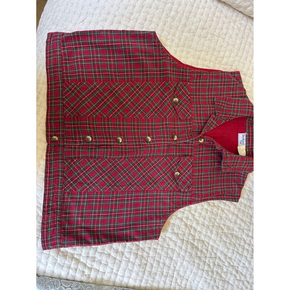 Bedford Fair Womens Red Plaid Button Down Vest Cotton XL Sleeveless Collared